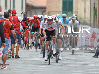 The UAE team stands in front of the group cycling during the 72nd Tour of Tuscany, Coppa Sabatini, in Peccioli, Italy, on September 12, 2024...