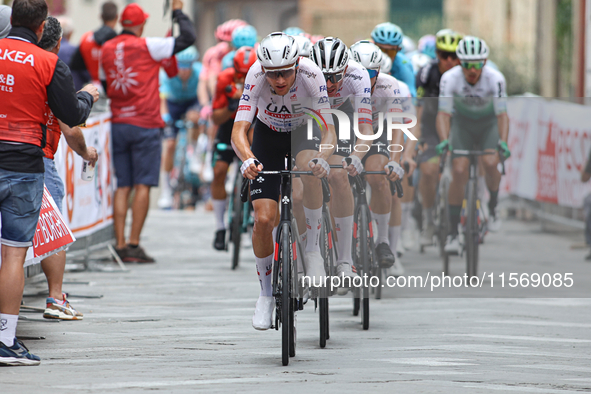 The UAE team stands in front of the group cycling during the 72nd Tour of Tuscany, Coppa Sabatini, in Peccioli, Italy, on September 12, 2024...