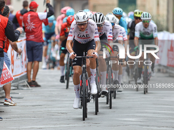 The UAE team stands in front of the group cycling during the 72nd Tour of Tuscany, Coppa Sabatini, in Peccioli, Italy, on September 12, 2024...