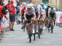 The UAE team stands in front of the group cycling during the 72nd Tour of Tuscany, Coppa Sabatini, in Peccioli, Italy, on September 12, 2024...