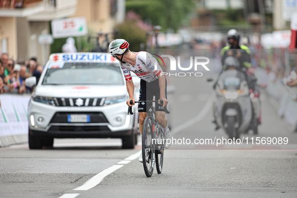 Marc Hirschi (SUI - UAE Team Emirates) passes under the finish line in Peccioli, Italy, on September 12, 2024, during the 72nd Tour of Tusca...