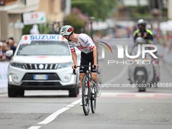 Marc Hirschi (SUI - UAE Team Emirates) passes under the finish line in Peccioli, Italy, on September 12, 2024, during the 72nd Tour of Tusca...