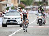 Marc Hirschi (SUI - UAE Team Emirates) passes under the finish line in Peccioli, Italy, on September 12, 2024, during the 72nd Tour of Tusca...