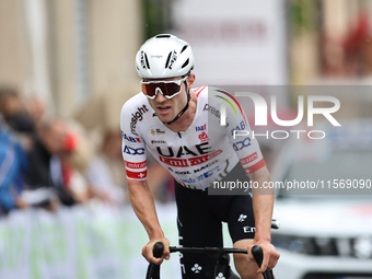 Marc Hirschi (SUI - UAE Team Emirates) passes under the finish line in Peccioli, Italy, on September 12, 2024, during the 72nd Tour of Tusca...