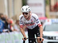 Marc Hirschi (SUI - UAE Team Emirates) passes under the finish line in Peccioli, Italy, on September 12, 2024, during the 72nd Tour of Tusca...