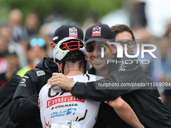 Marc Hirschi (SUI - UAE Team Emirates) celebrates winning the 72nd Tour of Tuscany, Coppa Sabatini, in Peccioli, Italy, on September 12, 202...