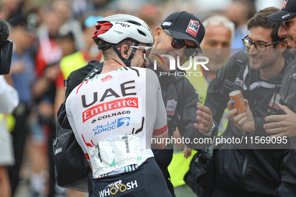 Marc Hirschi (SUI - UAE Team Emirates) celebrates winning the 72nd Tour of Tuscany, Coppa Sabatini, in Peccioli, Italy, on September 12, 202...