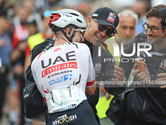 Marc Hirschi (SUI - UAE Team Emirates) celebrates winning the 72nd Tour of Tuscany, Coppa Sabatini, in Peccioli, Italy, on September 12, 202...