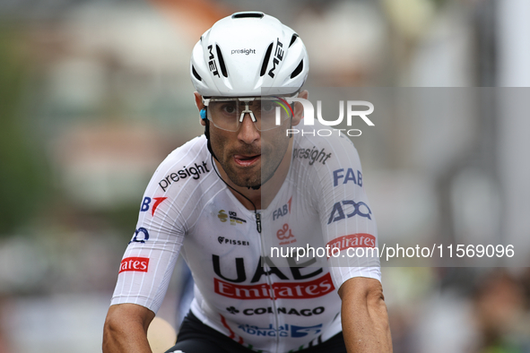 Ulissi Diego crosses the finish line in Peccioli, Italy, on September 12, 2024, during the 72nd Tour of Tuscany, Coppa Sabatini. 