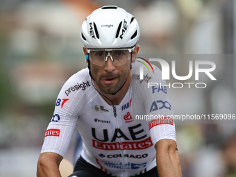 Ulissi Diego crosses the finish line in Peccioli, Italy, on September 12, 2024, during the 72nd Tour of Tuscany, Coppa Sabatini. (