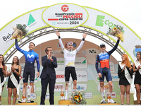 Marc Hirschi (SUI - UAE Team Emirates), Gregor Muhlberger (Movistar), and Anders Foldager (Jayco AlUla) participate in the 72nd Tour of Tusc...