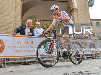 Christen Jan cycles through the village center during the 72nd Tour of Tuscany, Coppa Sabatini, in Peccioli, Italy, on September 12, 2024. (