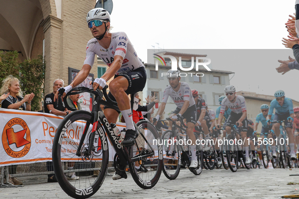 Alessandro Covi passes through the village center during the 72nd Tour of Tuscany, Coppa Sabatini, in Peccioli, Italy, on September 12, 2024...