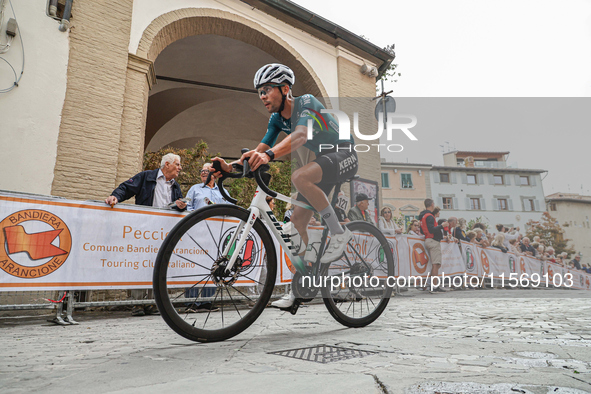 Agirre Egana cycles through the village center during the 72nd Tour of Tuscany, Coppa Sabatini, in Peccioli, Italy, on September 12, 2024. 