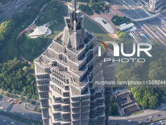 An aerial photo shows high-rise buildings along the Huangpu River in Lujiazui, Shanghai, China, on May 19, 2017. (