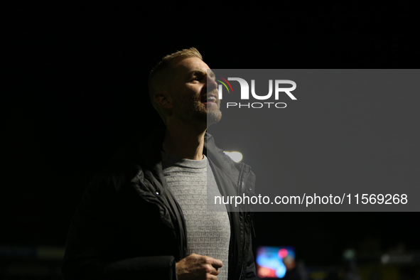 Harrogate Town Manager Simon Weaver celebrates at full time during the Sky Bet League 2 match between Harrogate Town and Doncaster Rovers at...