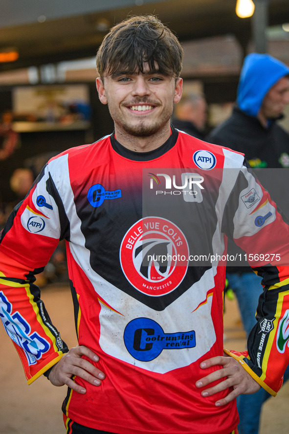 Belle Vue Colts' guest rider Max James participates in the WSRA National Development League match between Sheffield Tiger Cubs and Belle Vue...