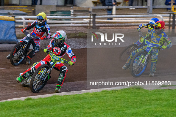 Belle Vue Colts' William Cairns in White leads Belle Vue Colts' Harry McGurk in Yellow, Sheffield Tiger Cubs' Kean Dicken in Red, and Sheffi...