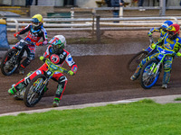 Belle Vue Colts' William Cairns in White leads Belle Vue Colts' Harry McGurk in Yellow, Sheffield Tiger Cubs' Kean Dicken in Red, and Sheffi...