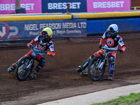 Belle Vue Colts' Freddy Hodder in yellow leads teammate Matt Marson in white during the WSRA National Development League match between Sheff...