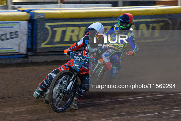 Belle Vue Colts' Freddy Hodder in white leads Sheffield Tiger Cubs' Luke Harrison in red during the WSRA National Development League match b...