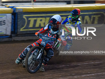 Belle Vue Colts' Freddy Hodder in white leads Sheffield Tiger Cubs' Luke Harrison in red during the WSRA National Development League match b...