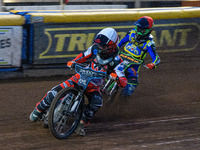 Belle Vue Colts' Freddy Hodder in white leads Sheffield Tiger Cubs' Luke Harrison in red during the WSRA National Development League match b...