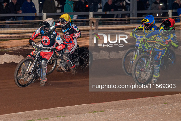 Belle Vue Colts' Matt Marson in white leads Belle Vue Colts' Harry McGurk in yellow, Sheffield Tiger Cubs' Luke Harrison in red, and Sheffie...