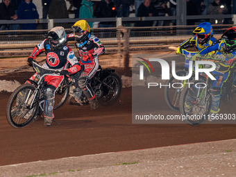 Belle Vue Colts' Matt Marson in white leads Belle Vue Colts' Harry McGurk in yellow, Sheffield Tiger Cubs' Luke Harrison in red, and Sheffie...