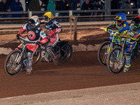 Belle Vue Colts' Matt Marson in white leads Belle Vue Colts' Harry McGurk in yellow, Sheffield Tiger Cubs' Luke Harrison in red, and Sheffie...