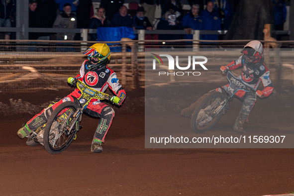 Belle Vue Colts' William Cairns in yellow leads teammate Freddy Hodder in white during the WSRA National Development League match between Sh...