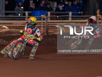 Belle Vue Colts' William Cairns in yellow leads teammate Freddy Hodder in white during the WSRA National Development League match between Sh...