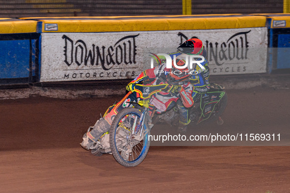 Belle Vue Colts' guest rider Max James in white leads Sheffield Tiger Cubs' Luke Harrison in red during the WSRA National Development League...