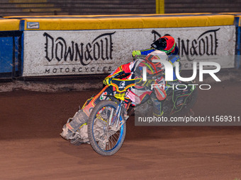 Belle Vue Colts' guest rider Max James in white leads Sheffield Tiger Cubs' Luke Harrison in red during the WSRA National Development League...