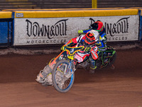 Belle Vue Colts' guest rider Max James in white leads Sheffield Tiger Cubs' Luke Harrison in red during the WSRA National Development League...