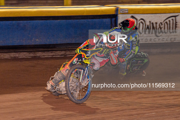 Belle Vue Colts' guest rider Max James in white leads Sheffield Tiger Cubs' Luke Harrison in red during the WSRA National Development League...