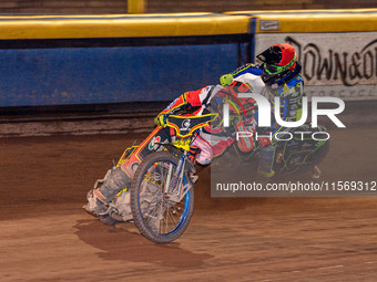 Belle Vue Colts' guest rider Max James in white leads Sheffield Tiger Cubs' Luke Harrison in red during the WSRA National Development League...