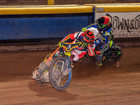 Belle Vue Colts' guest rider Max James in white leads Sheffield Tiger Cubs' Luke Harrison in red during the WSRA National Development League...