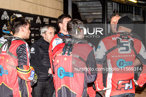 The Belle Vue Cool Running Colts team meets during the interval of the WSRA National Development League match between the Sheffield Tiger Cu...