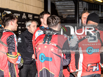 The Belle Vue Cool Running Colts team meets during the interval of the WSRA National Development League match between the Sheffield Tiger Cu...