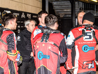 The Belle Vue Cool Running Colts team meets during the interval of the WSRA National Development League match between the Sheffield Tiger Cu...