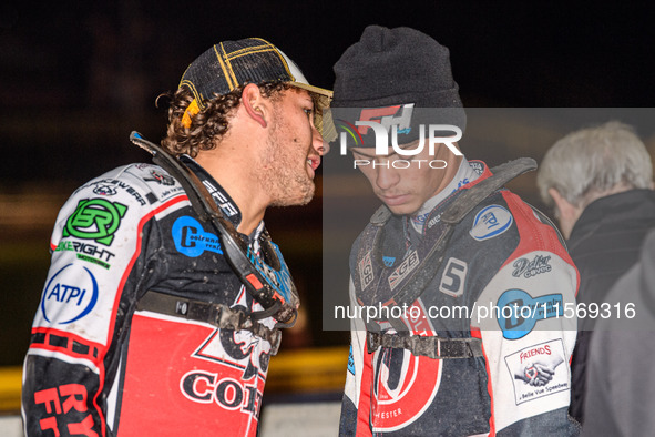 Belle Vue Colts' Harry McGurk (left) speaks to Belle Vue Colts' Freddy Hodder during the WSRA National Development League match between Shef...