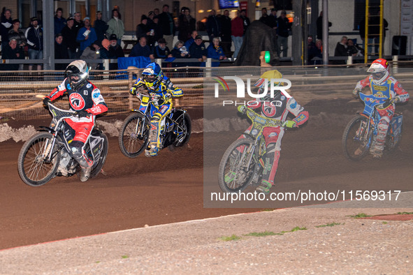 Belle Vue Colts' Matt Marson in white and Belle Vue Colts' William Cairns in yellow lead Sheffield Tiger Cubs' Stene Pijper in red and Sheff...