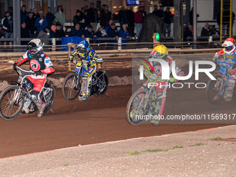 Belle Vue Colts' Matt Marson in white and Belle Vue Colts' William Cairns in yellow lead Sheffield Tiger Cubs' Stene Pijper in red and Sheff...