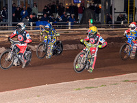 Belle Vue Colts' Matt Marson in white and Belle Vue Colts' William Cairns in yellow lead Sheffield Tiger Cubs' Stene Pijper in red and Sheff...