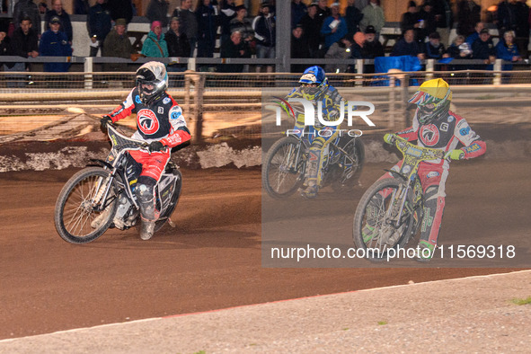 Belle Vue Colts' Matt Marson in white and Belle Vue Colts' William Cairns in yellow lead Sheffield Tiger Cubs' Jamie Etherington in blue dur...