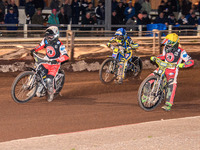 Belle Vue Colts' Matt Marson in white and Belle Vue Colts' William Cairns in yellow lead Sheffield Tiger Cubs' Jamie Etherington in blue dur...