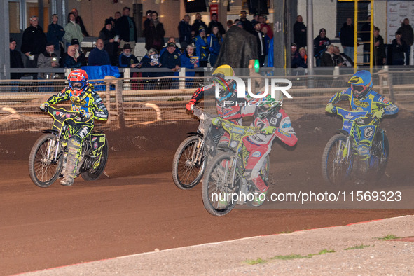 Belle Vue Colts' William Cairns in white leads Belle Vue Colts' Harry McGurk in yellow, Sheffield Tiger Cubs' Ace Pijper in red, and Sheffie...