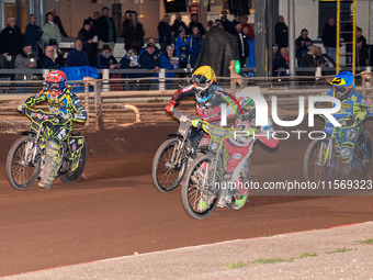 Belle Vue Colts' William Cairns in white leads Belle Vue Colts' Harry McGurk in yellow, Sheffield Tiger Cubs' Ace Pijper in red, and Sheffie...