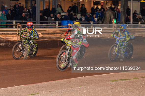 Belle Vue Colts' William Cairns in white leads Belle Vue Colts' Harry McGurk in yellow, Sheffield Tiger Cubs' Ace Pijper in red, and Sheffie...